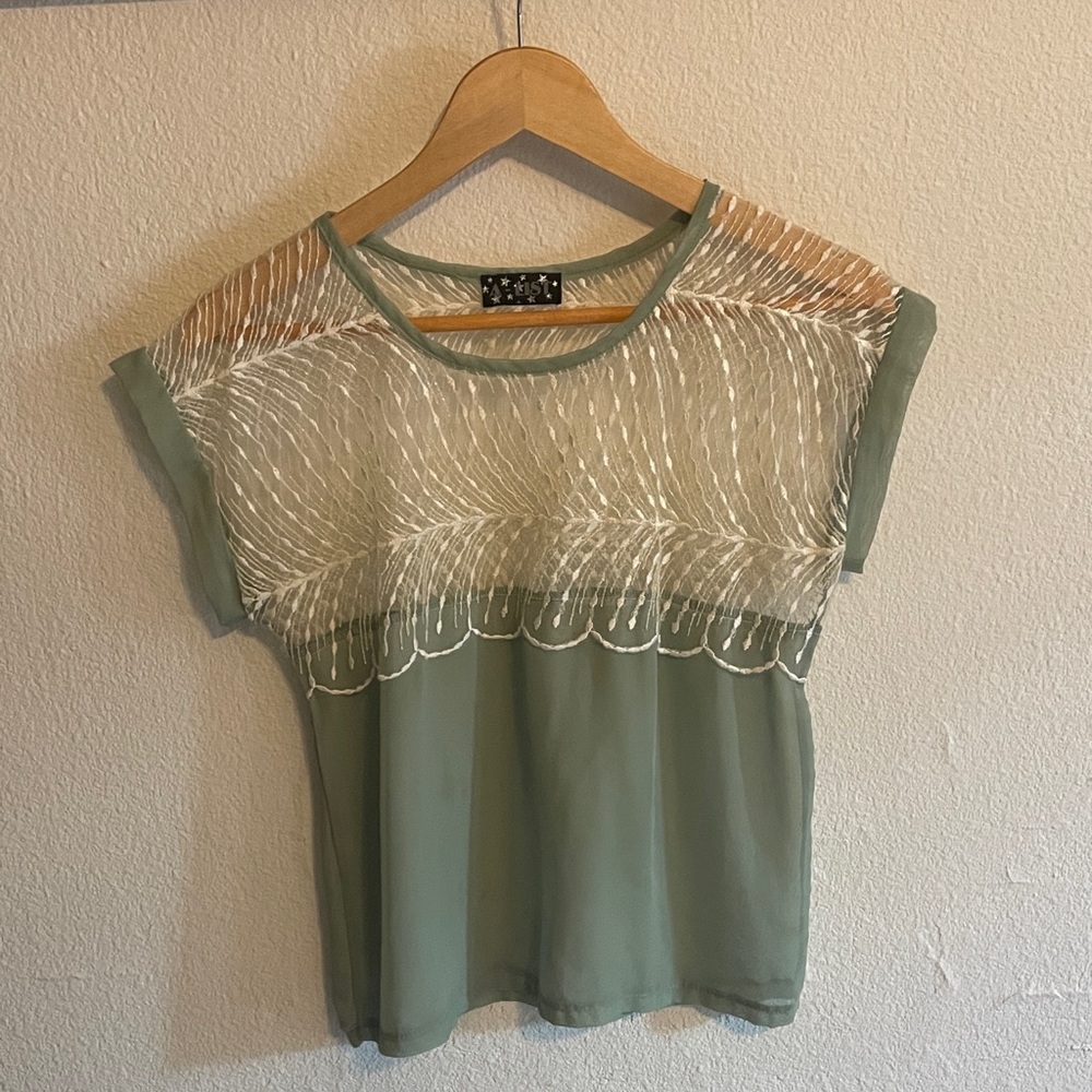 Embellished Sheer Yoke Olive Green Short Sleeve Top